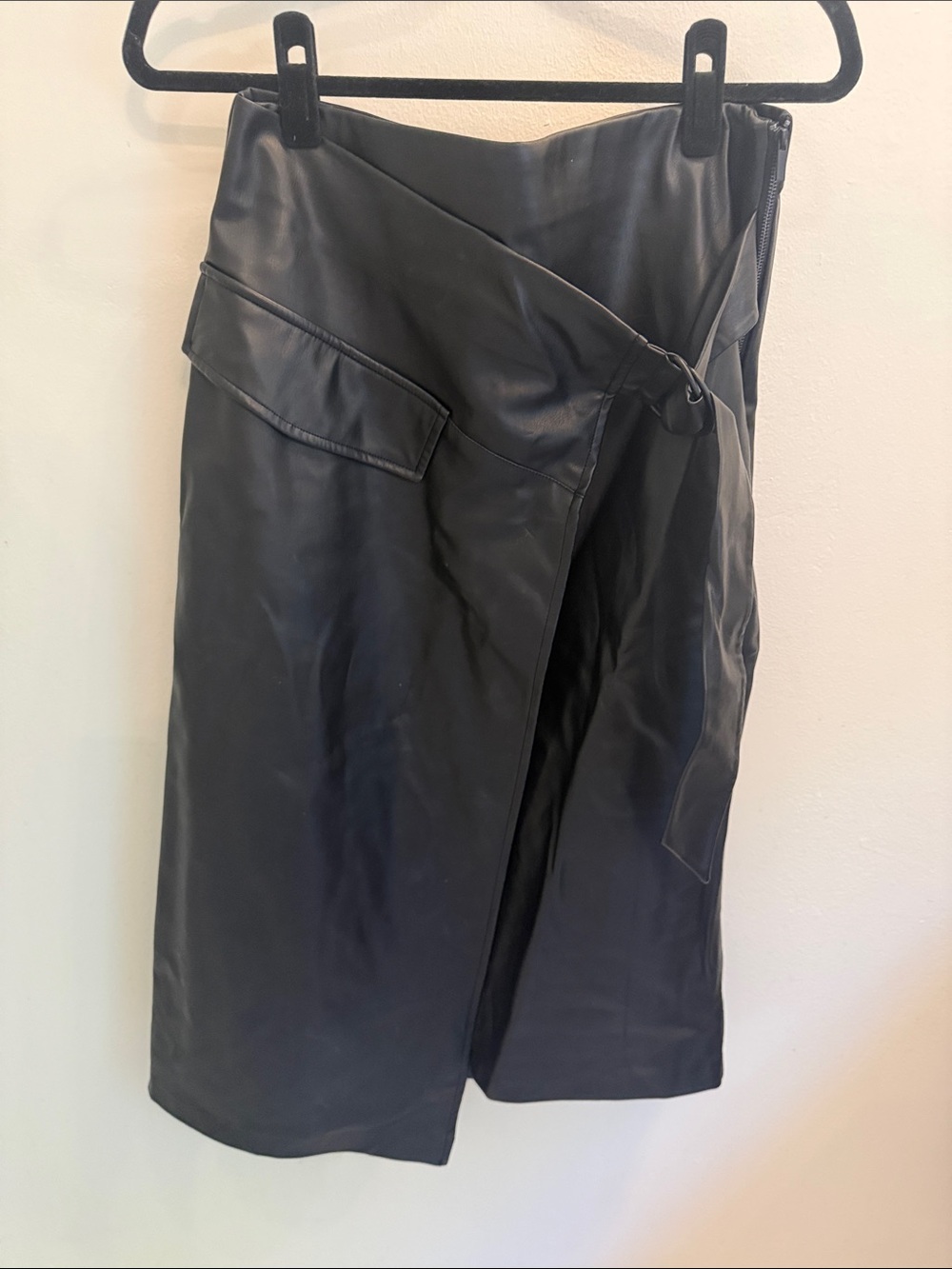 Zara Black Faux Leather Wrap MIDI Skirt size L